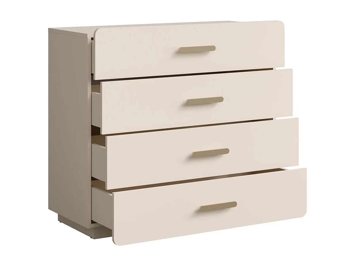 Commode 4 tiroirs AMALIE – Coloris beige sable – L100 x H93 x P42 cm – Finition élégante et formes douces