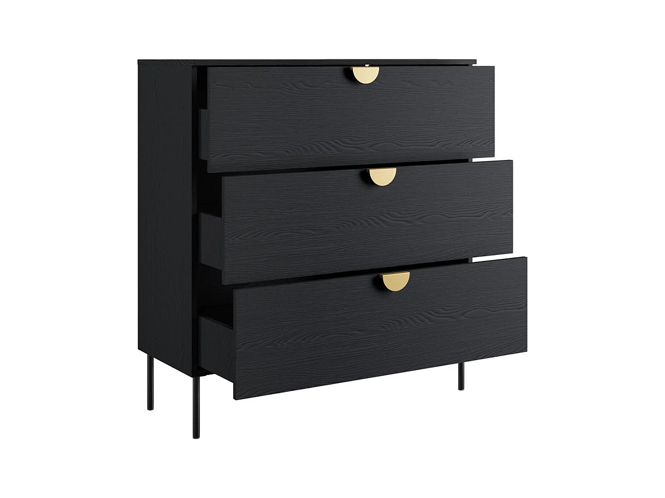 Quarto completo MONDO – Preto estruturado e dourado – Cama 180x200 com estrado + Guarda-roupa + Cômoda + 2 criados-mudos