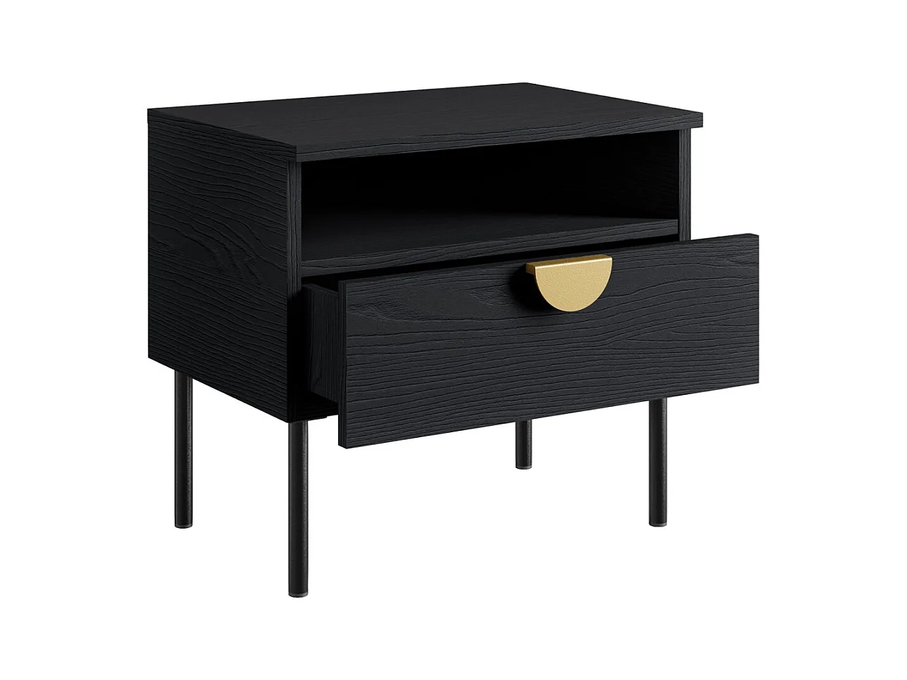 Quarto completo MONDO – Preto estruturado e dourado – Cama 180x200 com estrado + Guarda-roupa + Cômoda + 2 criados-mudos