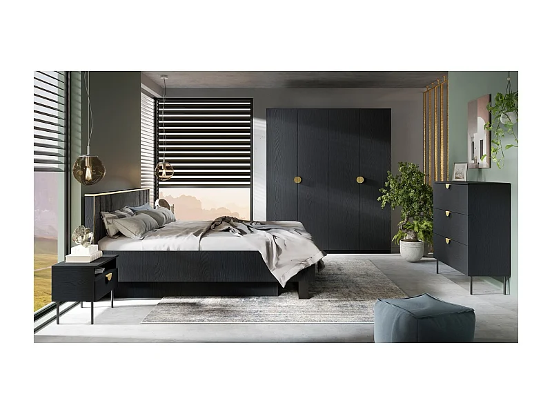 Conjunto completo de Quarto MONDO – Preto estruturado e dourado – Cama baú 160x200 com estrado + Armário + Cômoda + 2 mesas de cabeceira