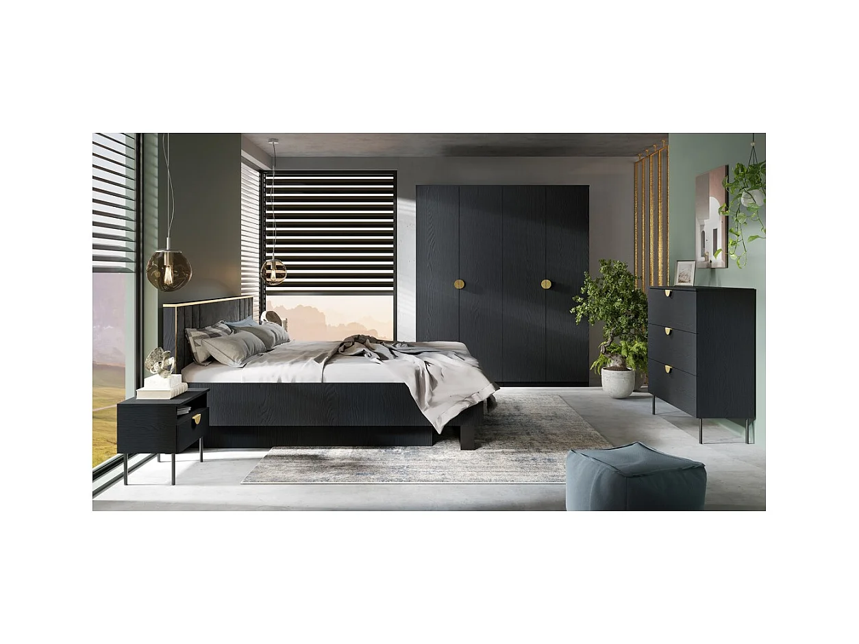 Chambre complète MONDO – Noir structuré et doré – Lit coffre 160x200 avec sommier + Armoire + Commode + 2 chevets