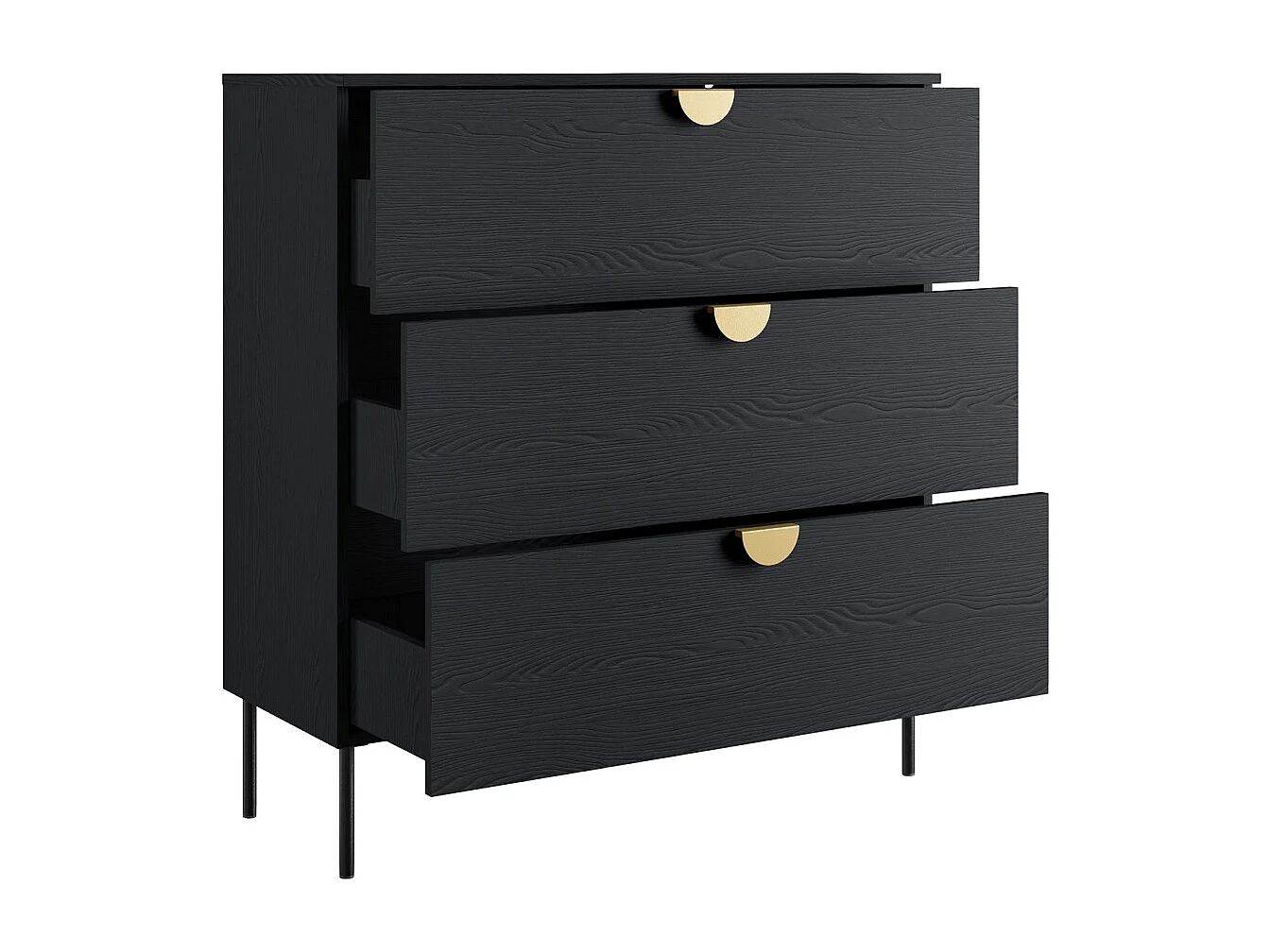 Conjunto completo de Quarto MONDO – Preto estruturado e dourado – Cama baú 160x200 com estrado + Armário + Cômoda + 2 mesas de cabeceira