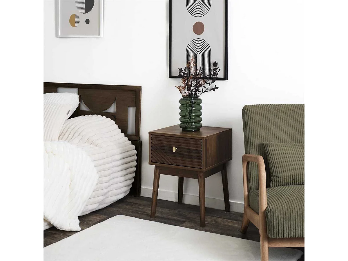 Chevet 1 tiroir en bois et MDF pieds en pin teinté chêne foncé - COLETTE