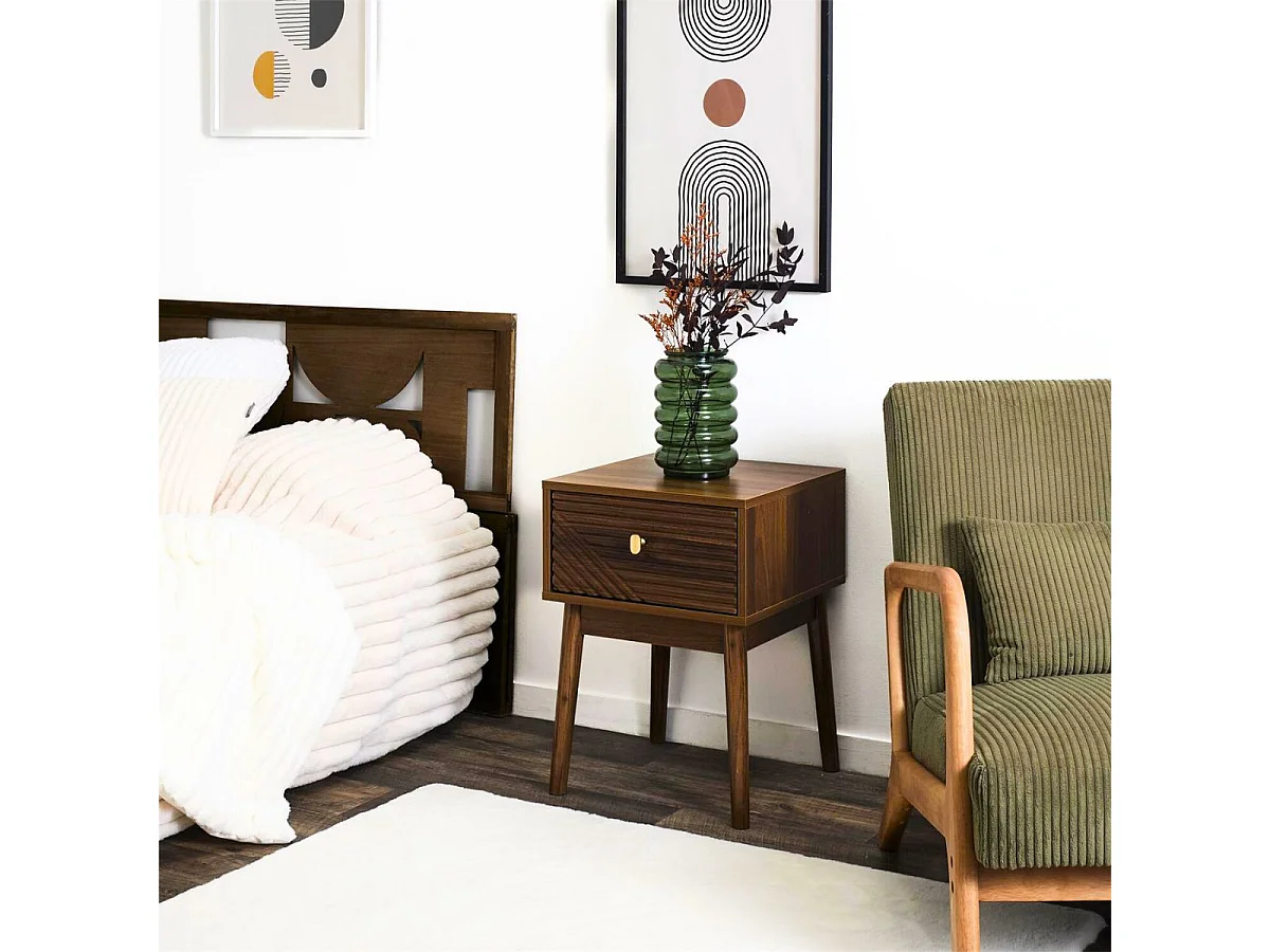 Chevet 1 tiroir en bois et MDF pieds en pin teinté chêne foncé - COLETTE