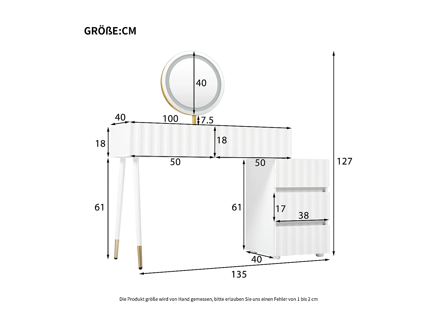 URBAN MEUBLE Coiffeuse blanche avec design ondulé, miroir éclairage LED