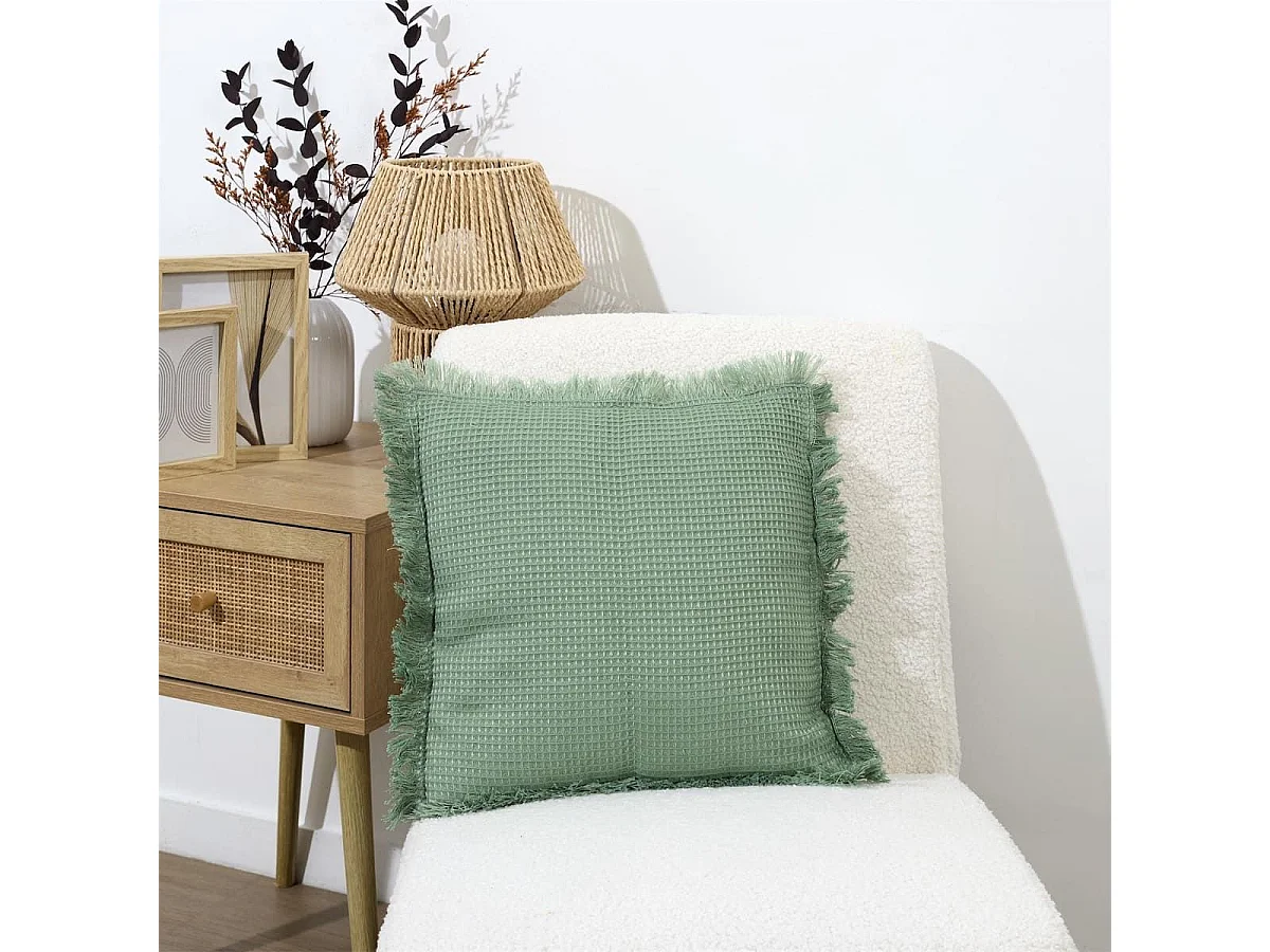 Coussin 40x40 cm déhoussable en coton style gaufré coloris vert sauge