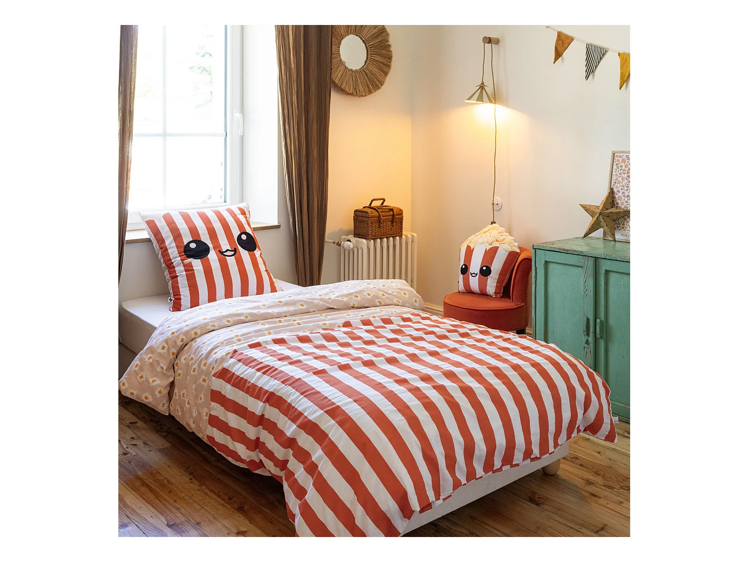 Parure de lit enfant 140x200 coton rayures Terre de Nuit Fresh popcorn