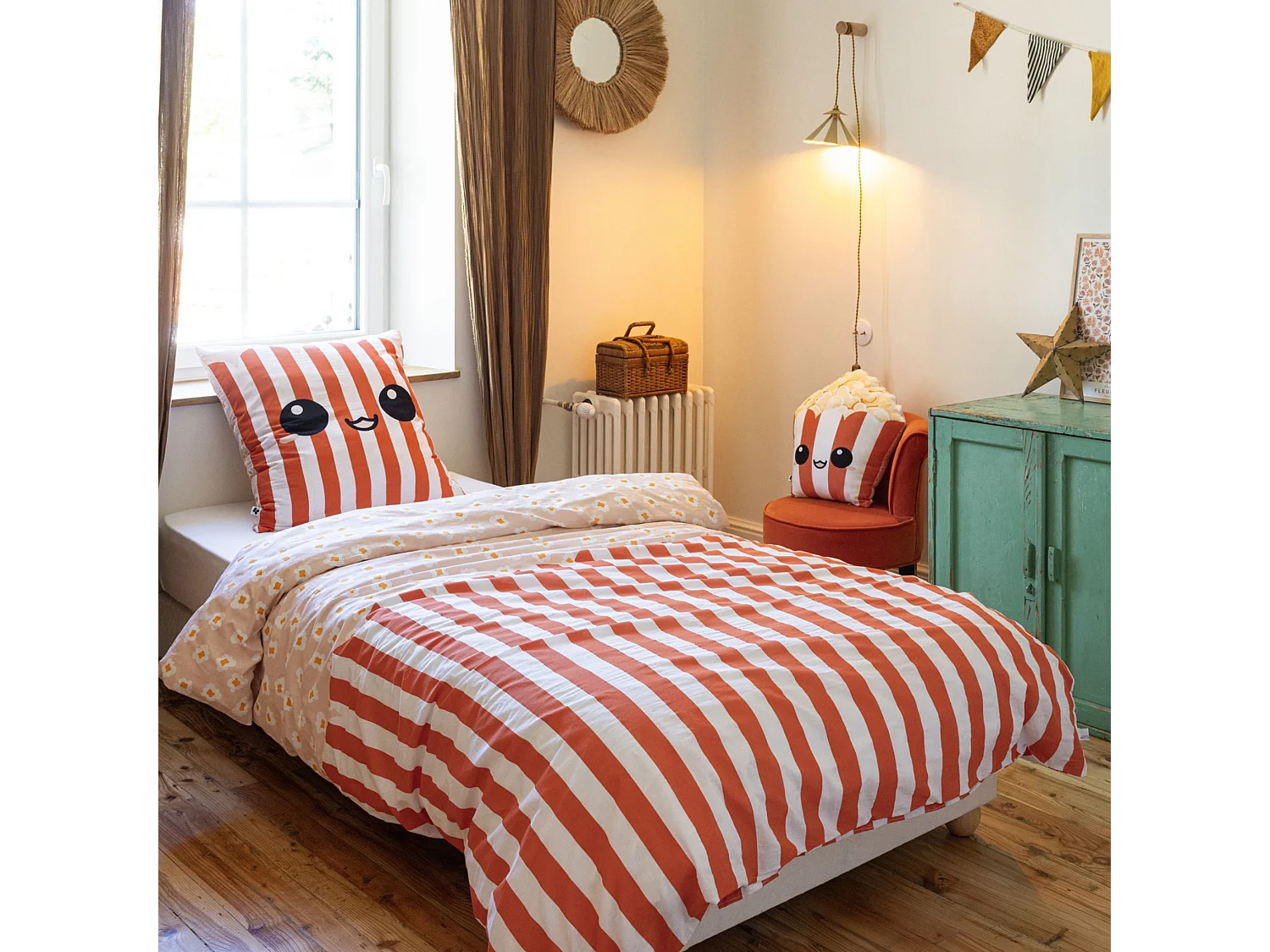 Parure de lit enfant 140x200 coton rayures Terre de Nuit Fresh popcorn