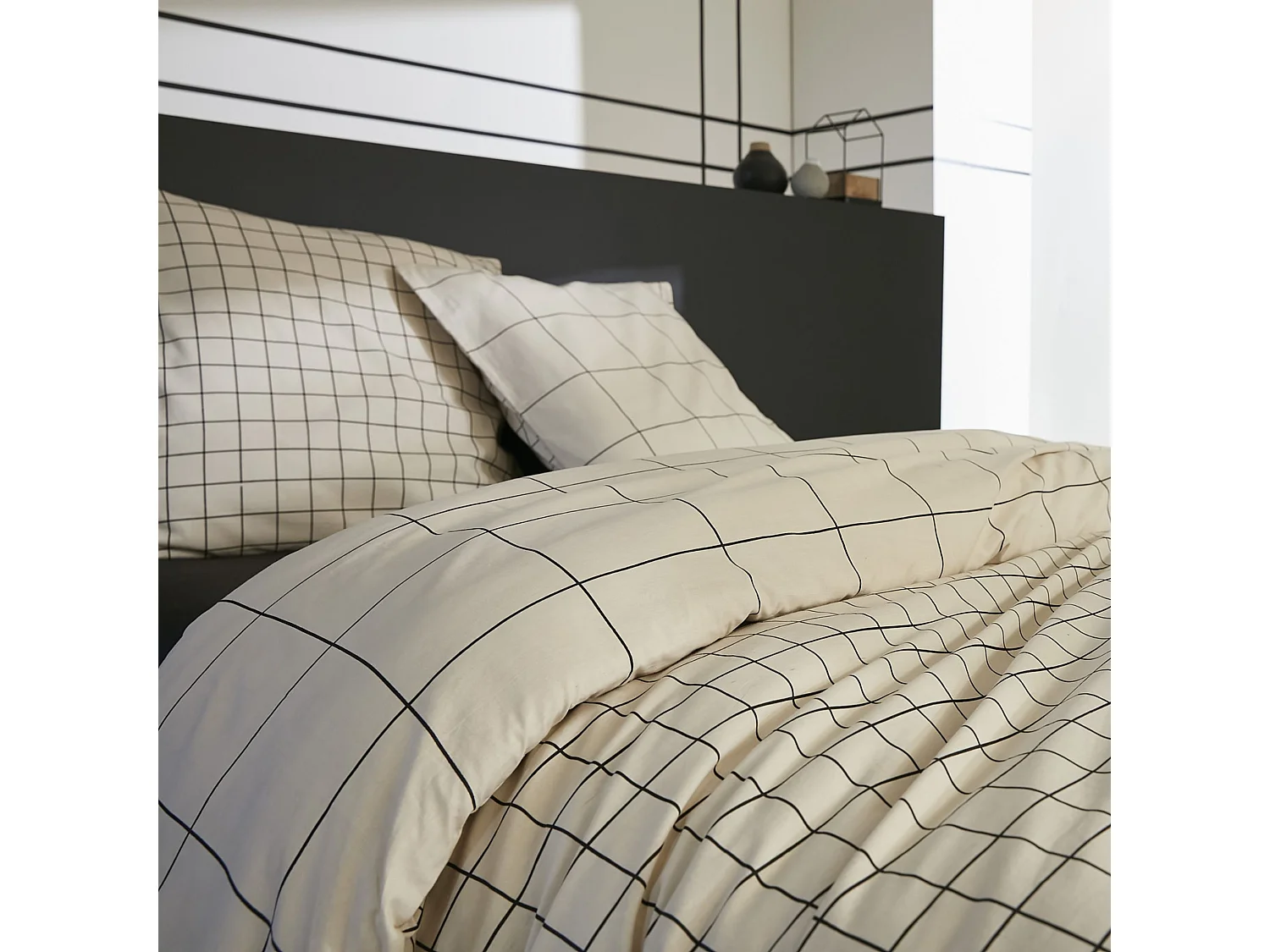 Parure de lit 260x240 coton carreaux Terre de Nuit Carrie