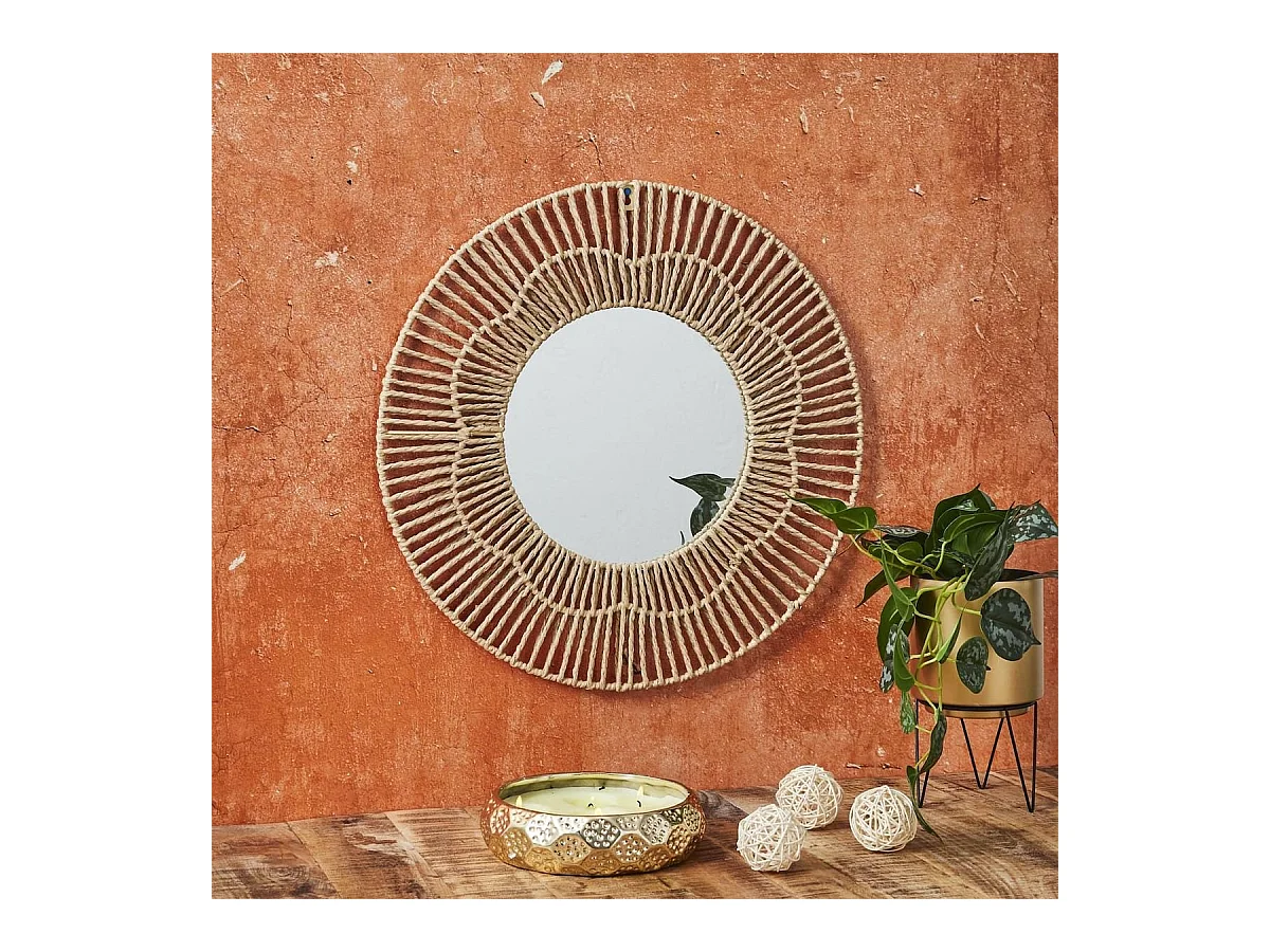 Miroir mural rond fleur imitation rotin (Ø50 cm)