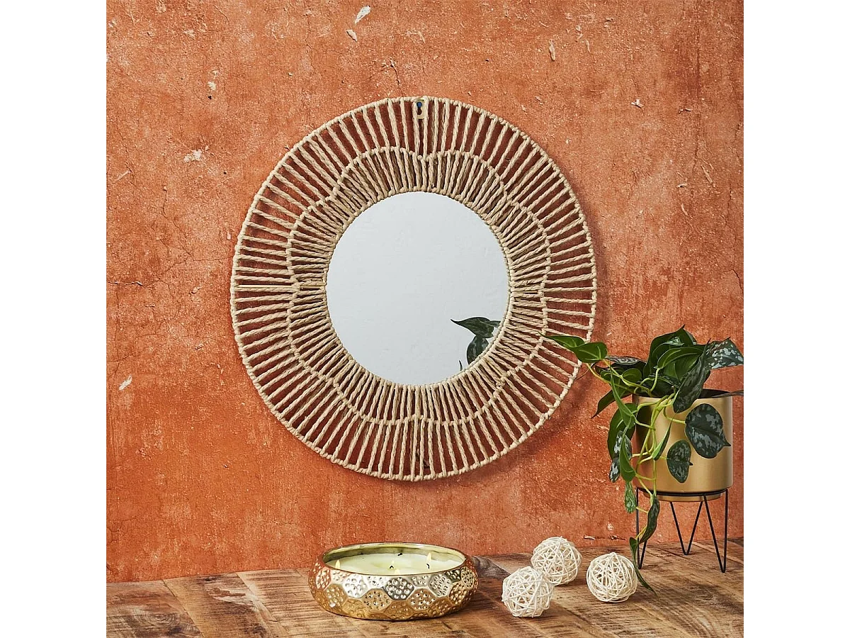 Miroir mural rond fleur imitation rotin (Ø50 cm)