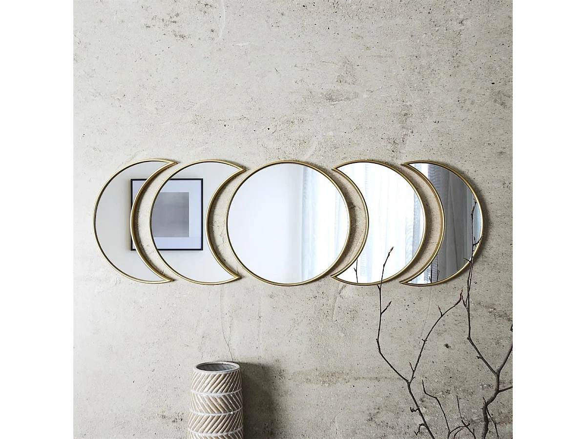 5 miroirs décoratifs phases de lune avec contour doré en polypropylène