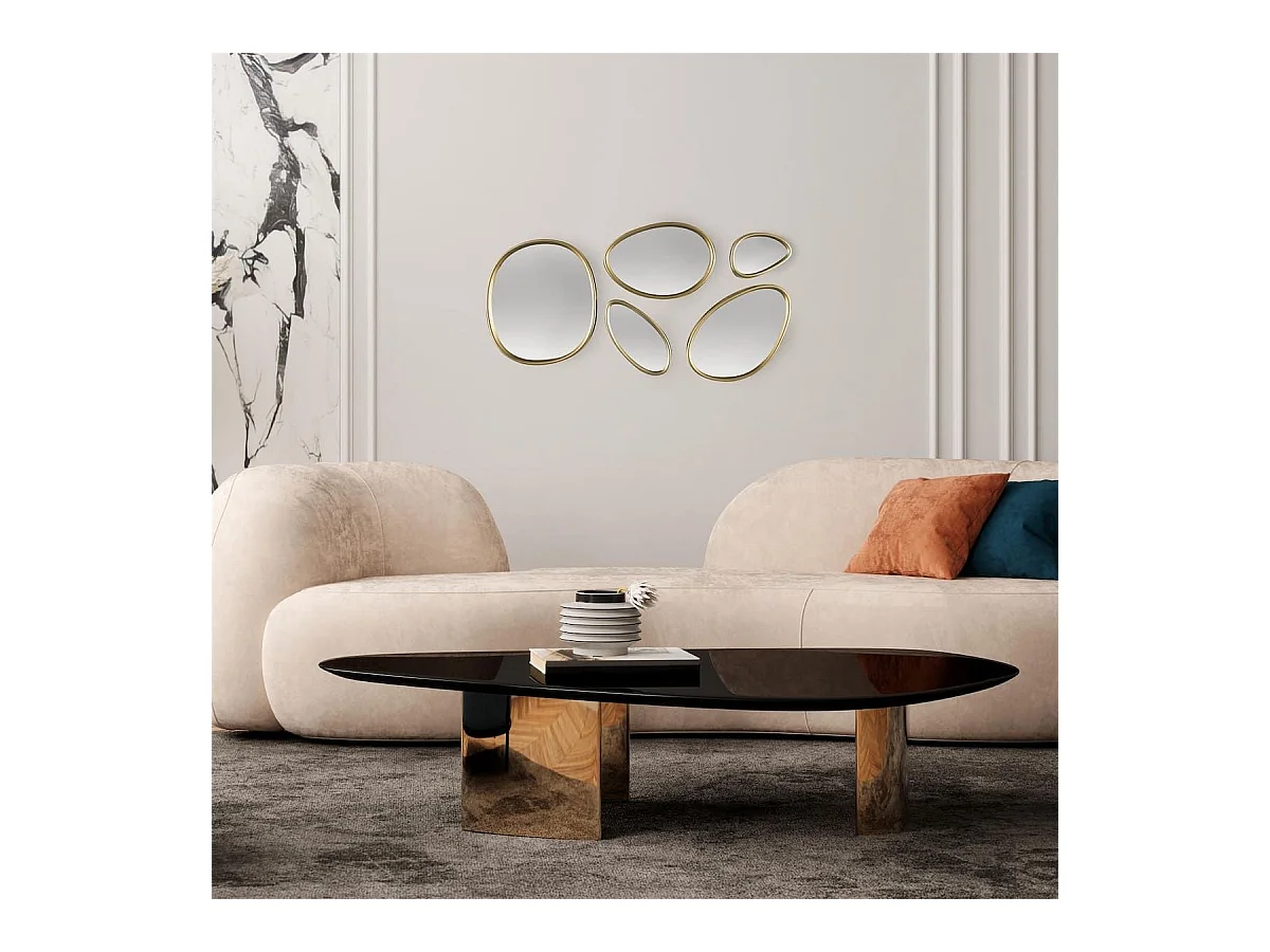 5 miroirs muraux décoratifs aux formes organiques avec contour doré