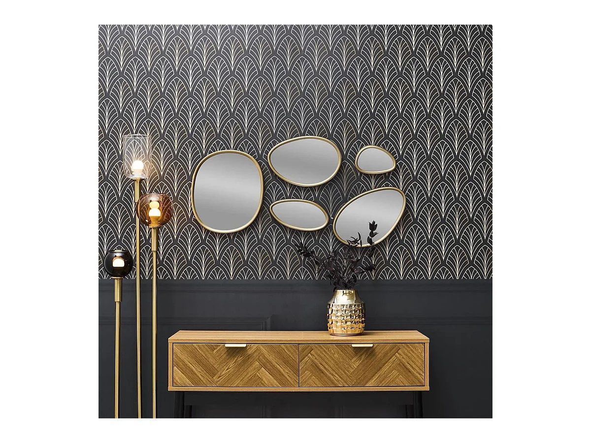 5 miroirs muraux décoratifs aux formes organiques avec contour doré