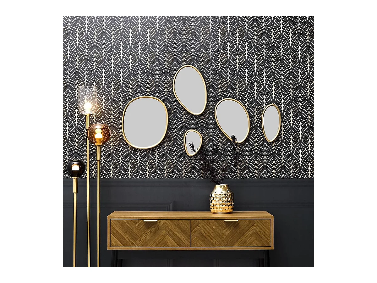 5 miroirs muraux décoratifs aux formes organiques avec contour doré
