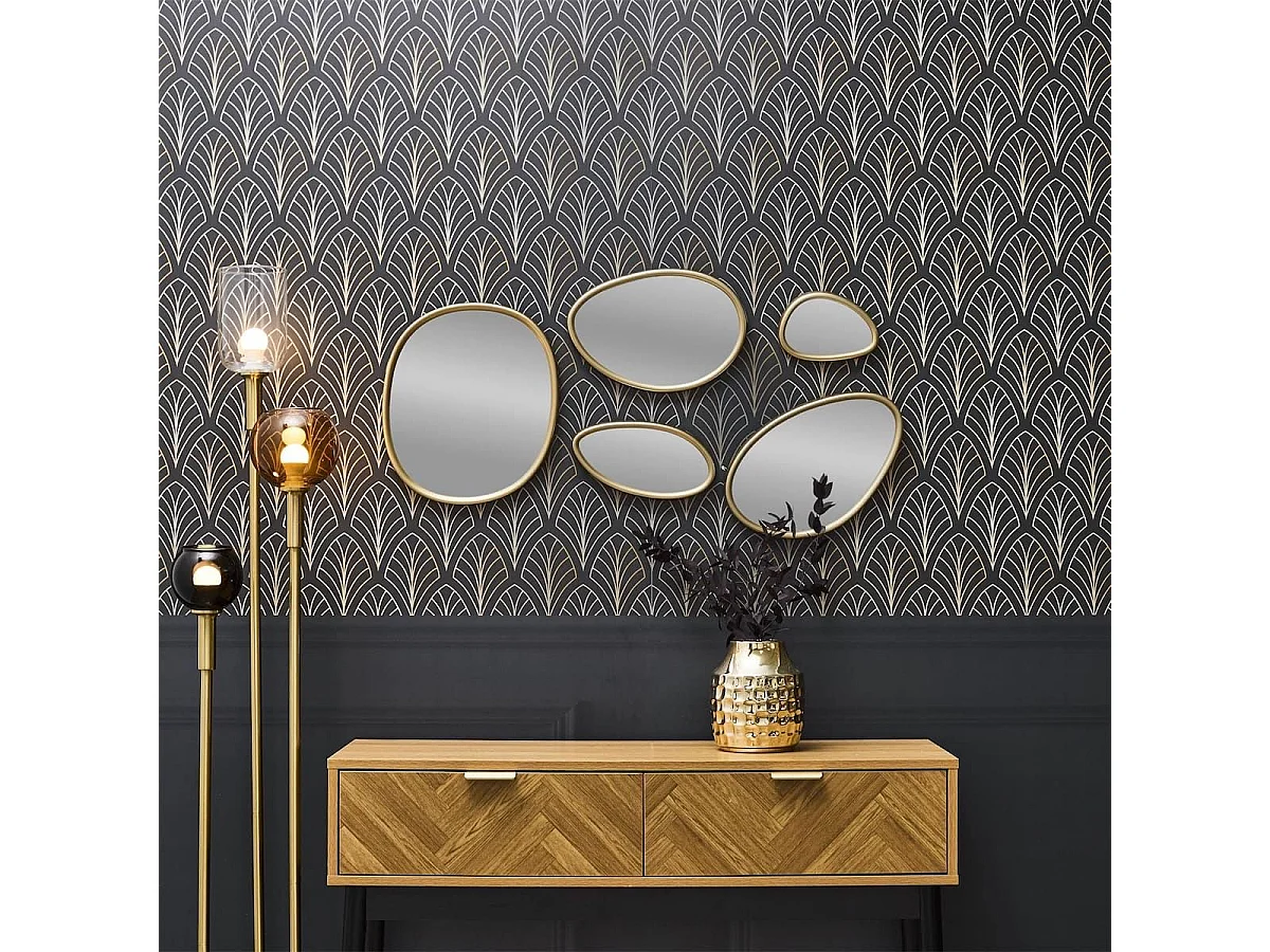 5 miroirs muraux décoratifs aux formes organiques avec contour doré