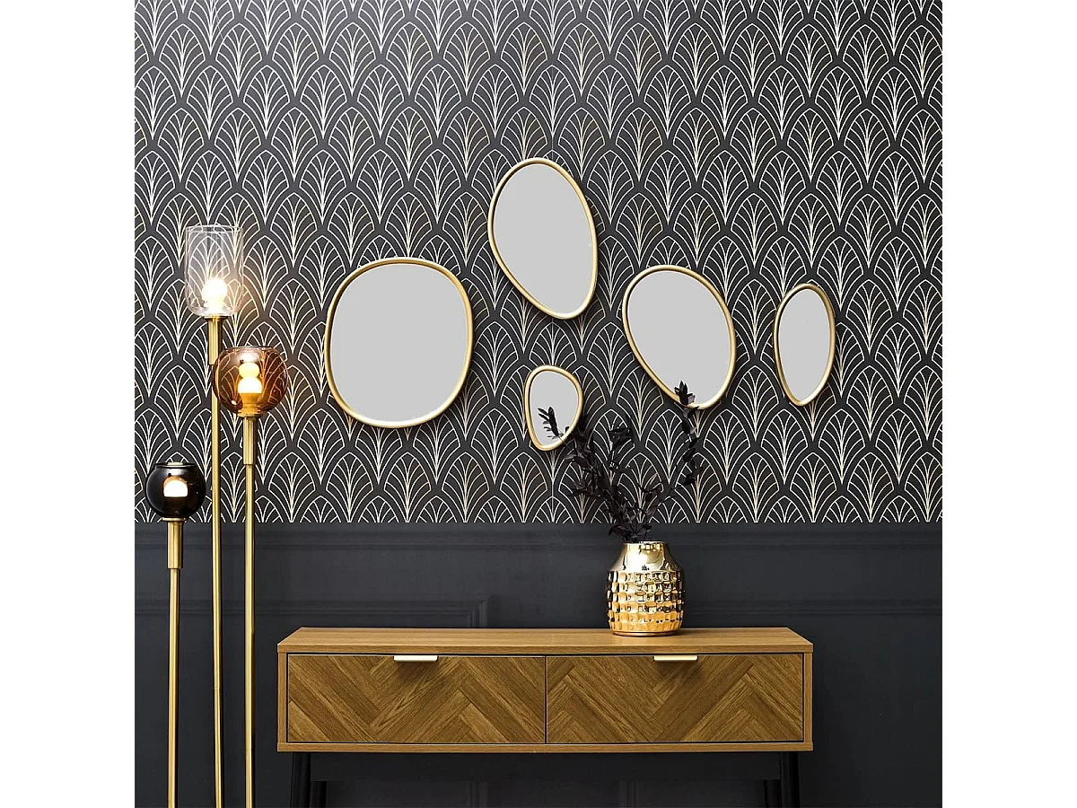 5 miroirs muraux décoratifs aux formes organiques avec contour doré