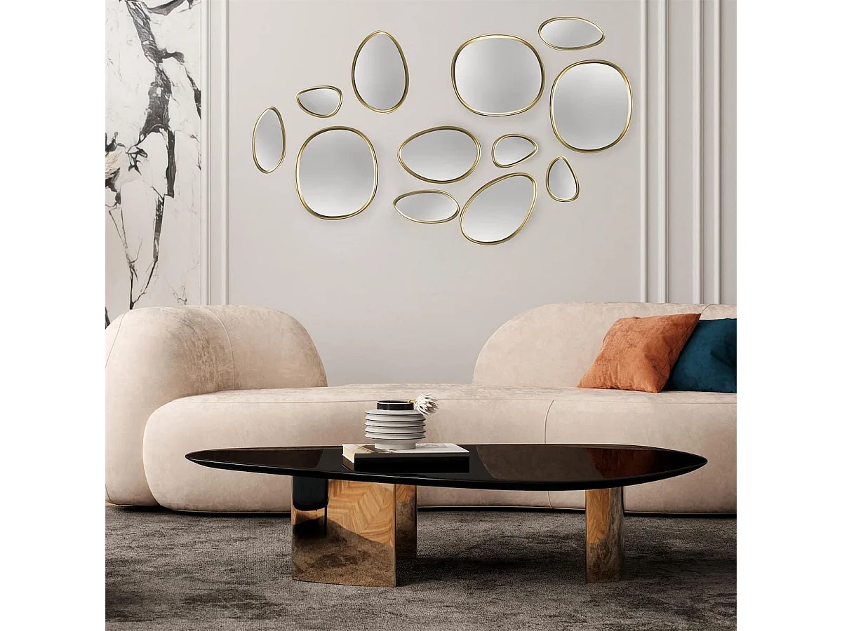 5 miroirs muraux décoratifs aux formes organiques avec contour doré