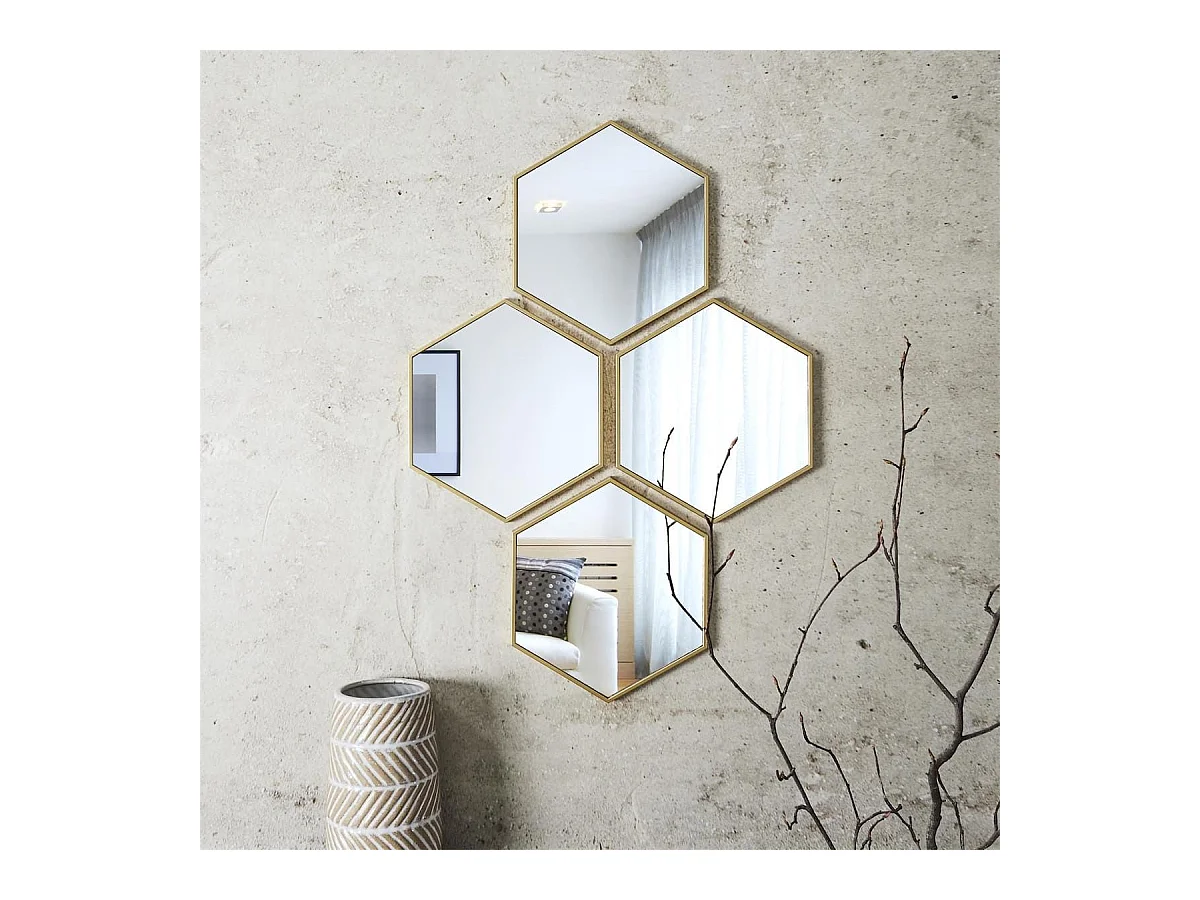 4 miroirs muraux décoratifs hexagone au contour doré en polypropylène