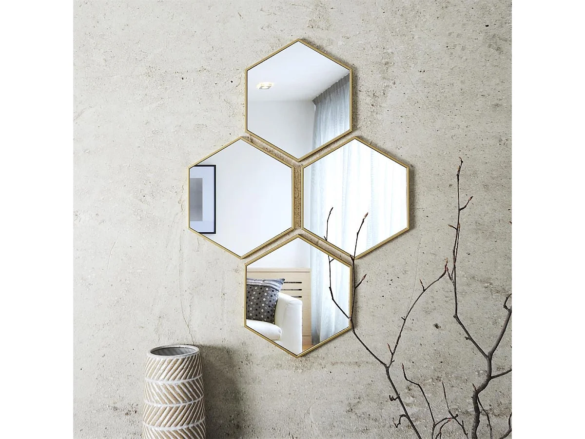 4 miroirs muraux décoratifs hexagone au contour doré en polypropylène