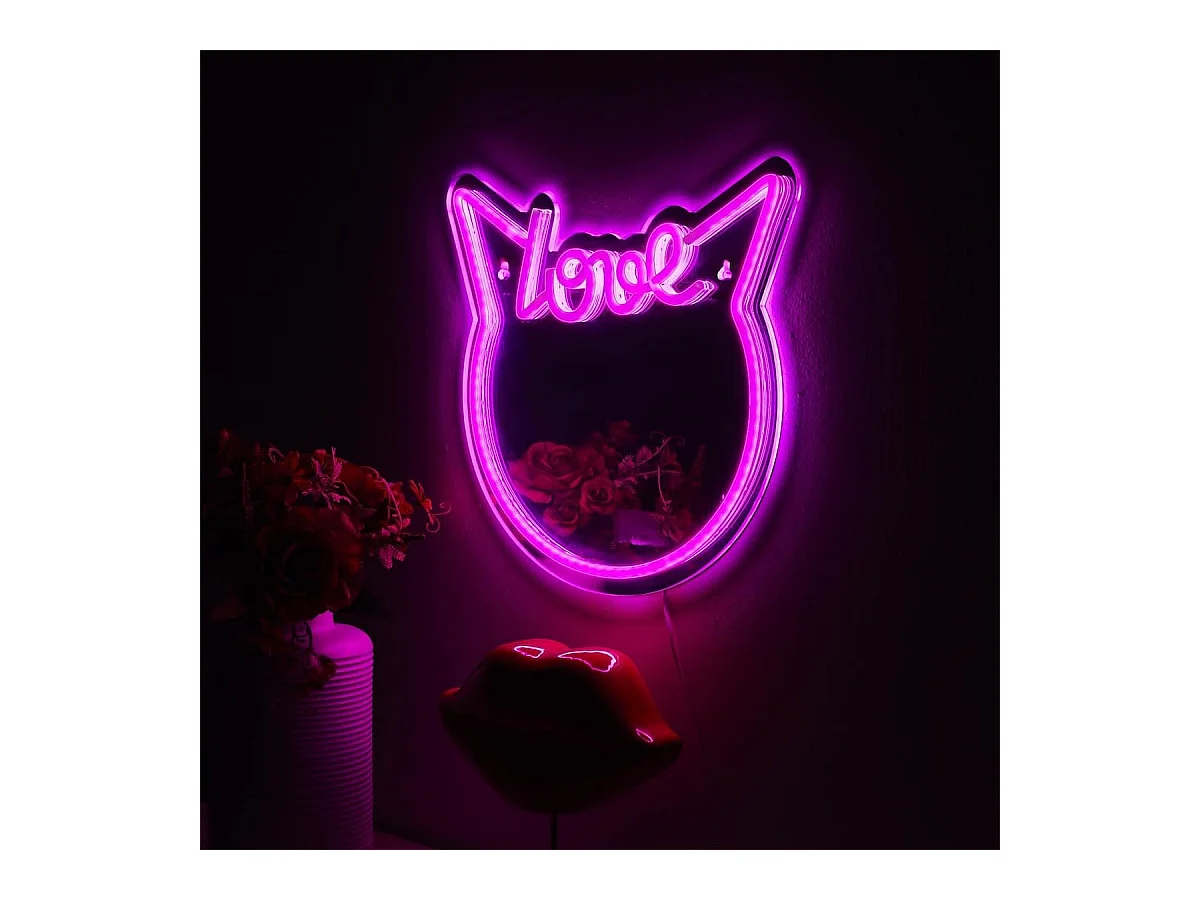 Miroir lumineux chat love kawaii rose style néon avec port USB