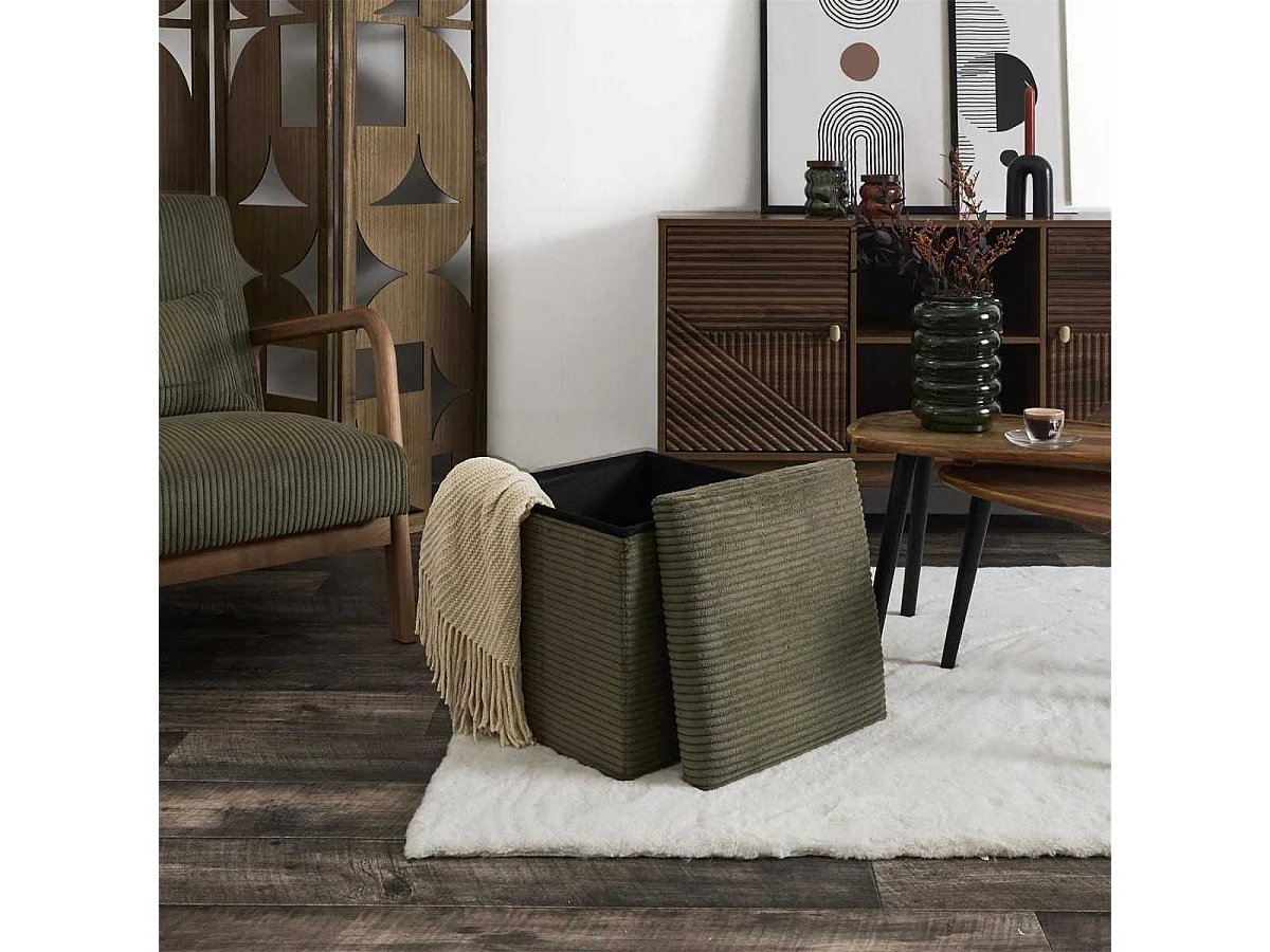 AMORY - Pouf coffre pliable côtelé vert 38x38 cm - AMORY