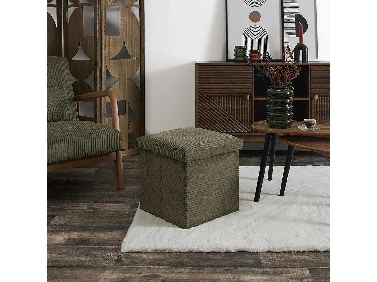 AMORY - Pouf coffre pliable côtelé vert 38x38 cm - AMORY