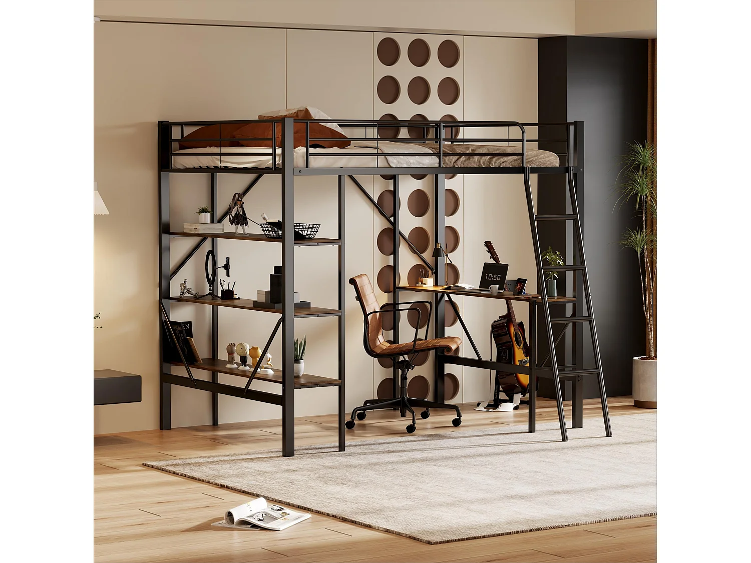 URBAN MEUBLE Lit mezzanine métallique noir avec cadre de lit 90x200 cm, avec bureau et 3 grandes étagères