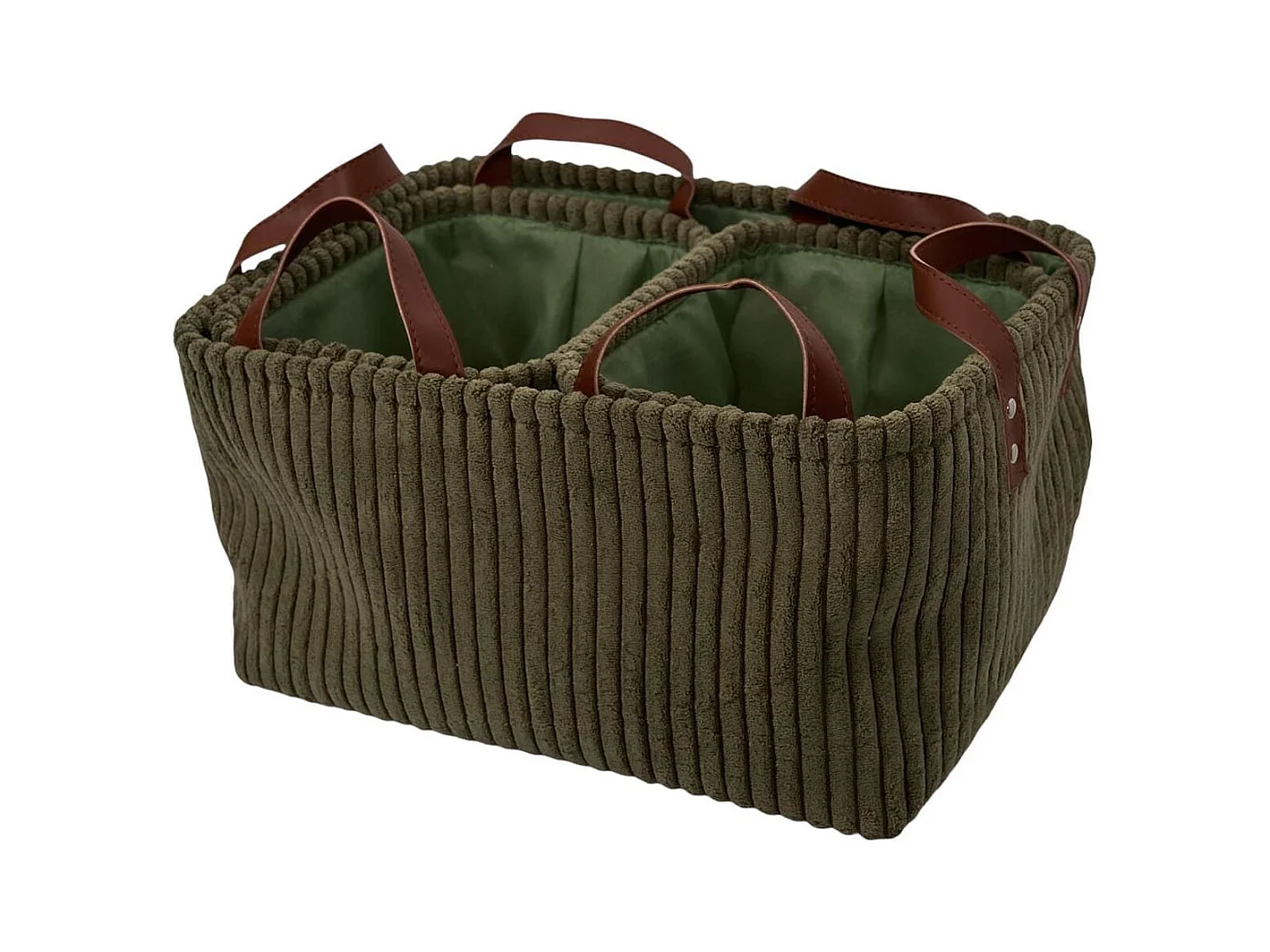 3 paniers gigognes en velours côtelé vert avec poignée