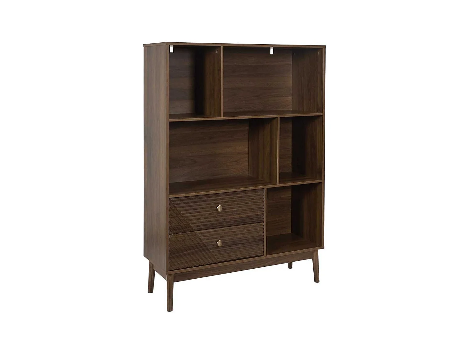 Bibliothèque 2 tiroirs 5 niches en bois et MDF pieds en pin teinté chêne foncé - COLETTE