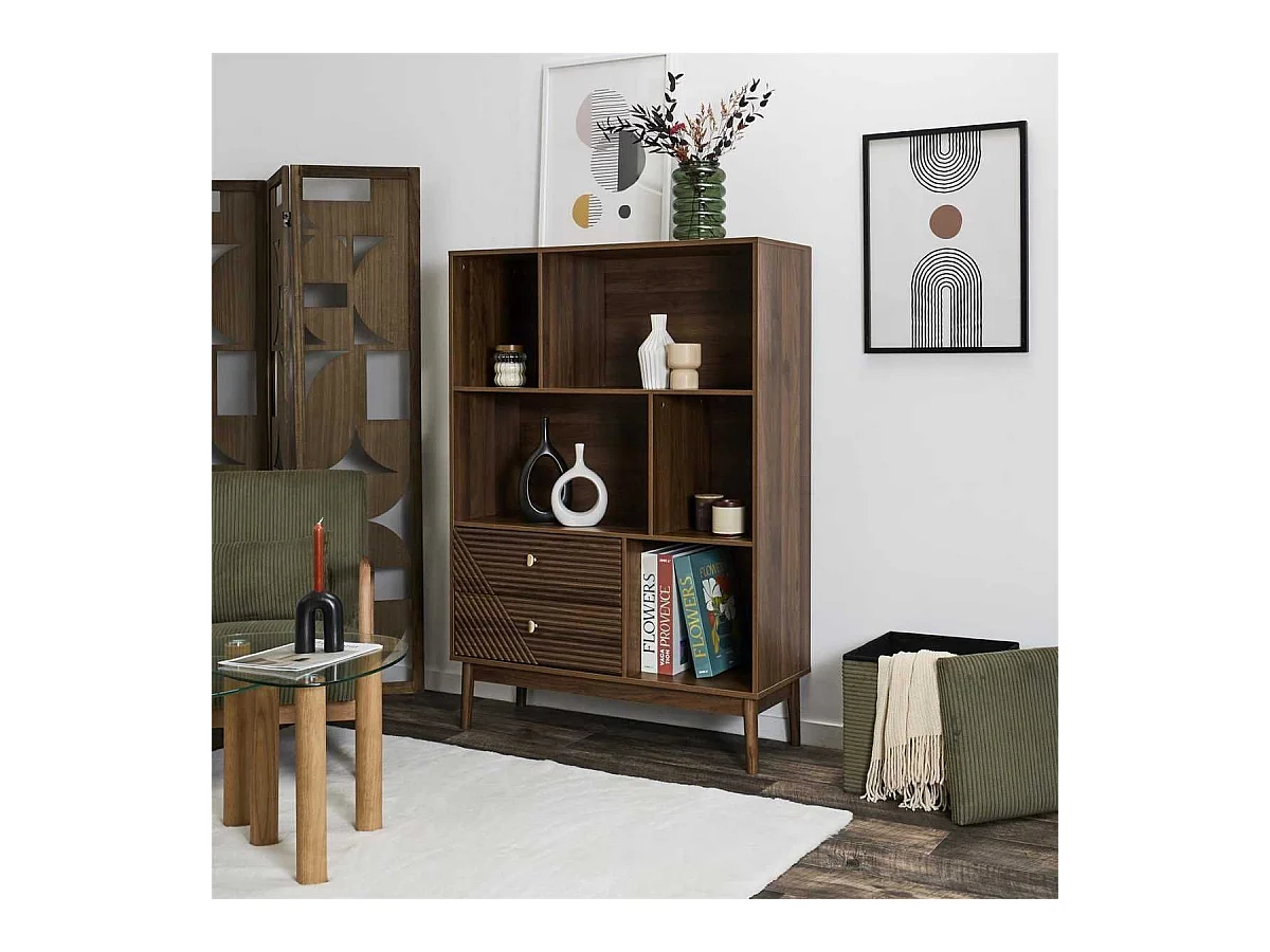 Bibliothèque 2 tiroirs 5 niches en bois et MDF pieds en pin teinté chêne foncé - COLETTE