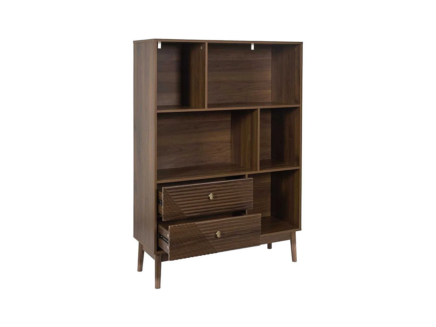 Bibliothèque 2 tiroirs 5 niches en bois et MDF pieds en pin teinté chêne foncé - COLETTE