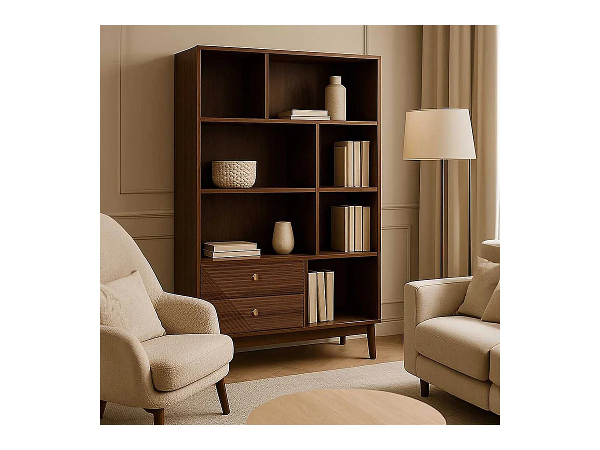 Bibliothèque 2 tiroirs 5 niches en bois et MDF pieds en pin teinté chêne foncé - COLETTE