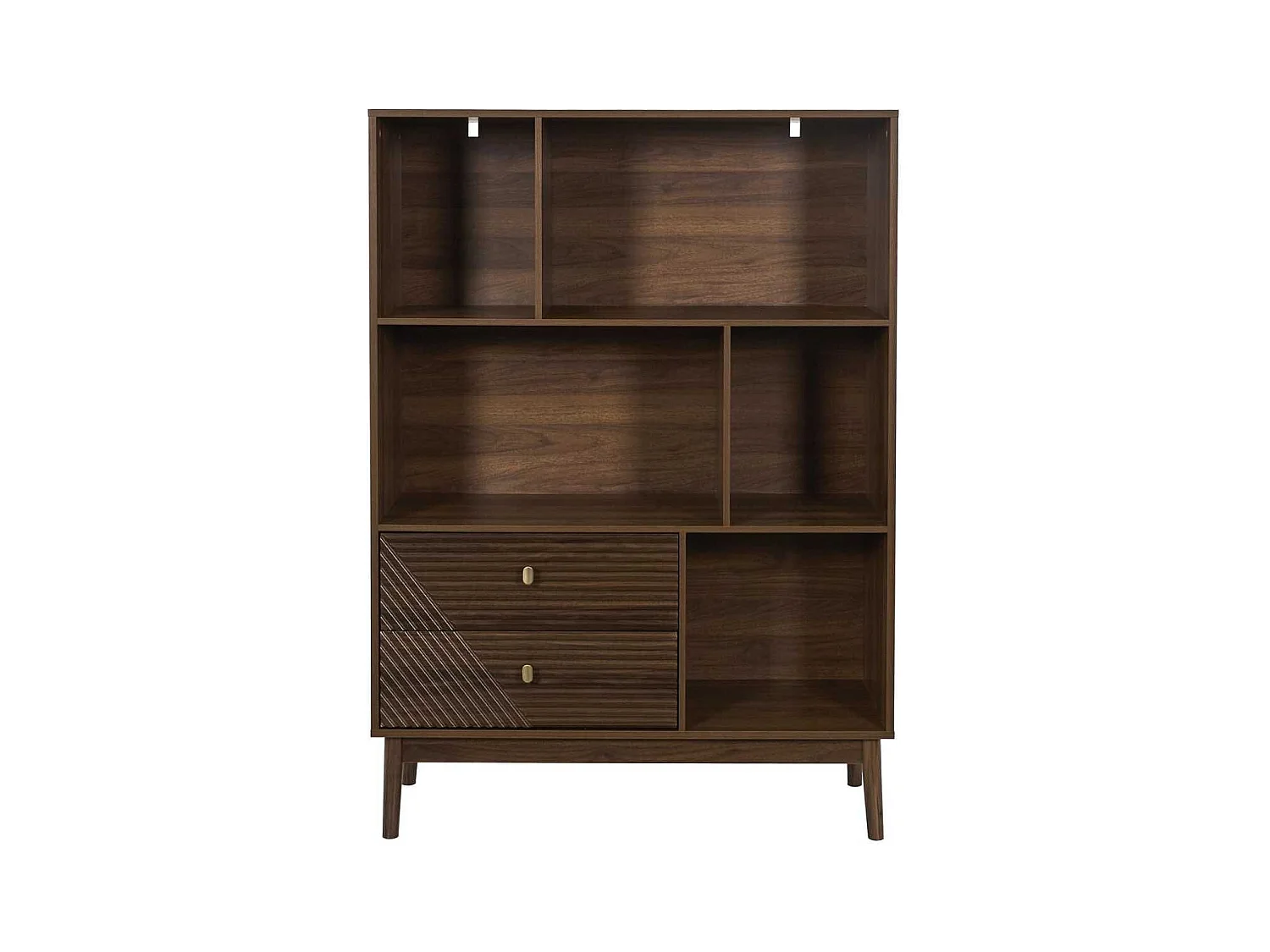 Bibliothèque 2 tiroirs 5 niches en bois et MDF pieds en pin teinté chêne foncé - COLETTE