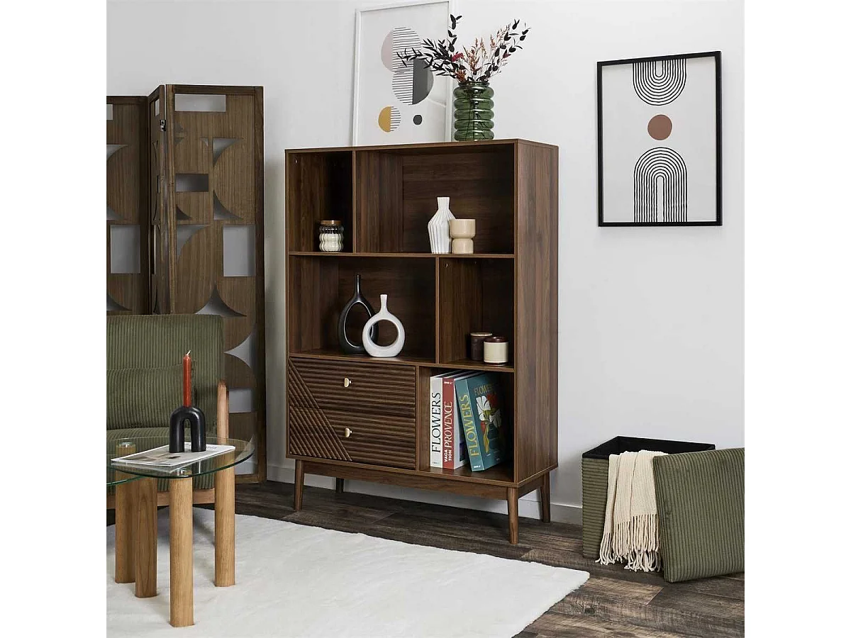 Bibliothèque 2 tiroirs 5 niches en bois et MDF pieds en pin teinté chêne foncé - COLETTE