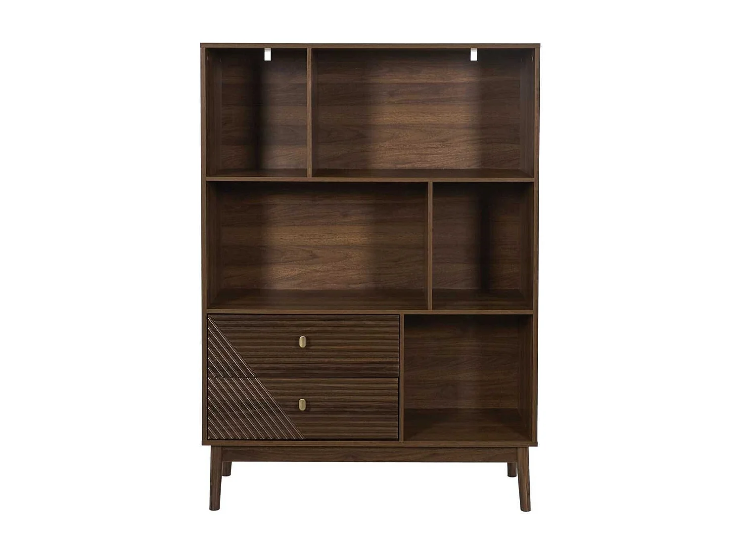 Bibliothèque 2 tiroirs 5 niches en bois et MDF pieds en pin teinté chêne foncé - COLETTE