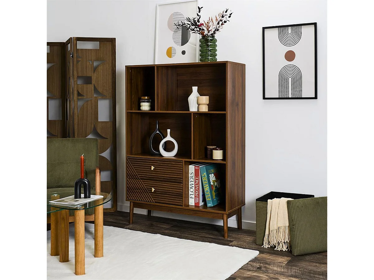 Bibliothèque 2 tiroirs 5 niches en bois et MDF pieds en pin teinté chêne foncé - COLETTE