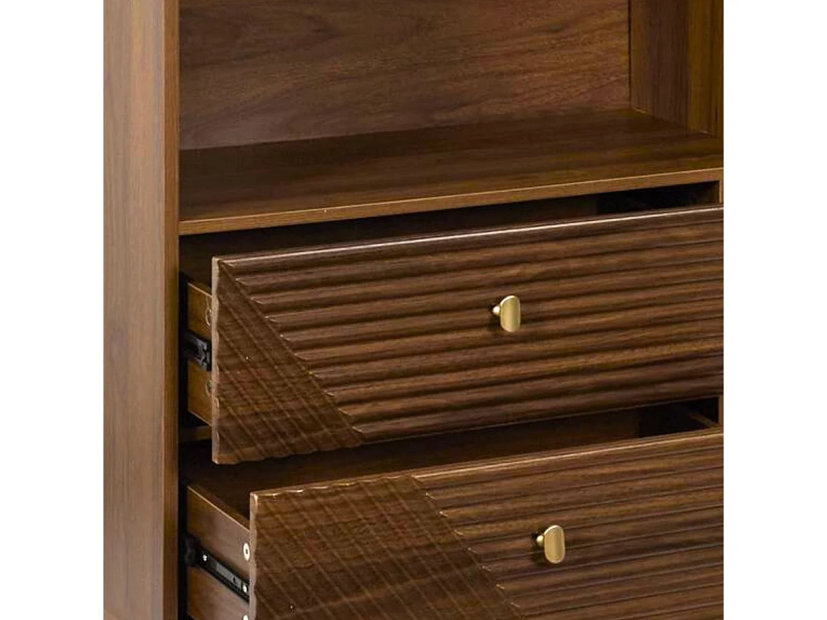 Bibliothèque 2 tiroirs 5 niches en bois et MDF pieds en pin teinté chêne foncé - COLETTE