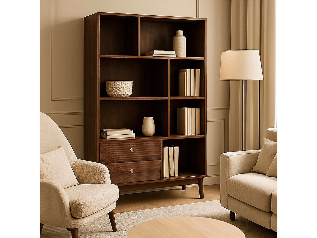 Bibliothèque 2 tiroirs 5 niches en bois et MDF pieds en pin teinté chêne foncé - COLETTE