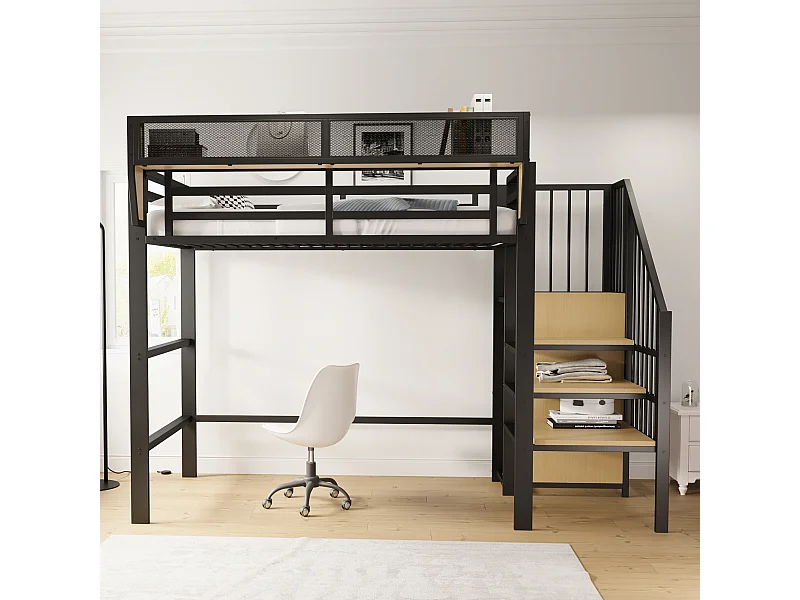 URBAN MEUBLE Lit mezzanine métal noir avec étagères, penderie et escalier 90*200