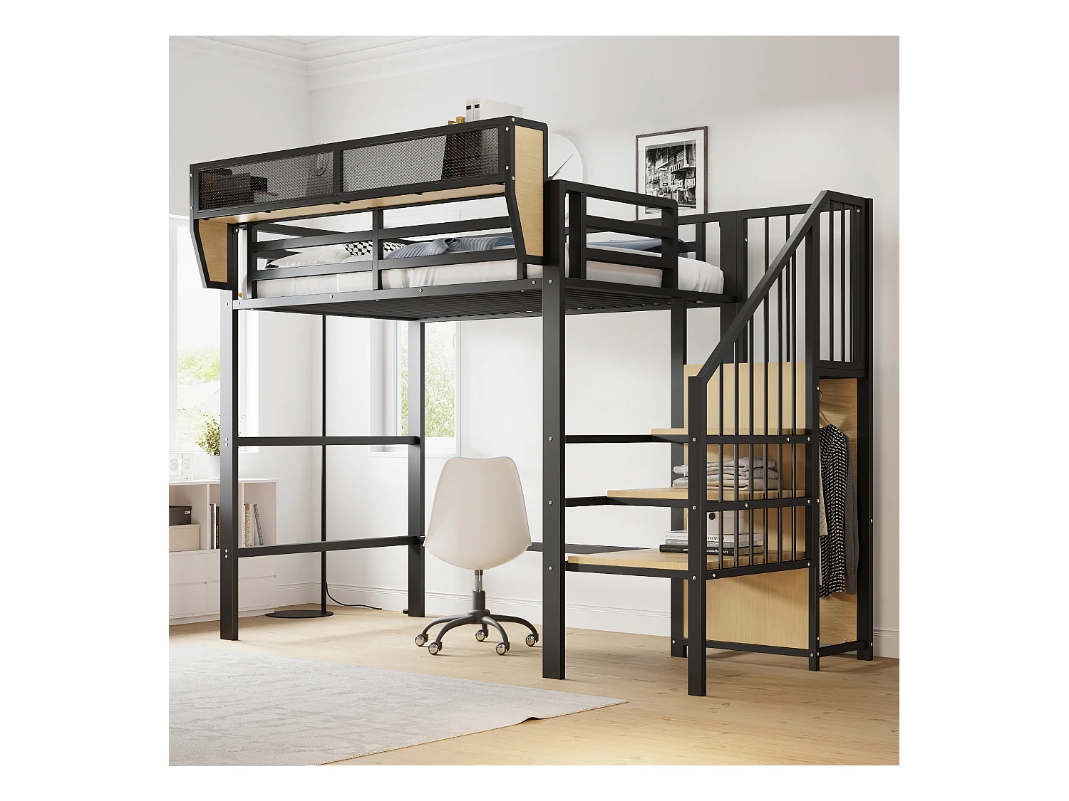 URBAN MEUBLE Lit mezzanine métal noir avec étagères, penderie et escalier 90*200