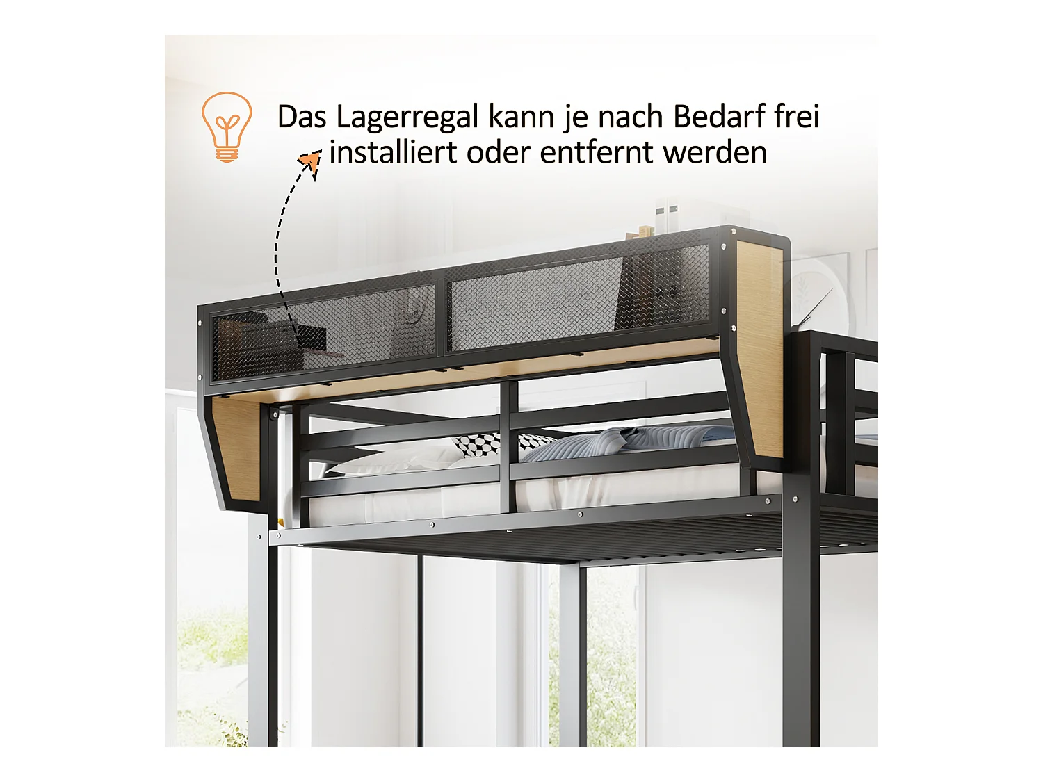 URBAN MEUBLE Lit mezzanine métal noir avec étagères, penderie et escalier 90*200