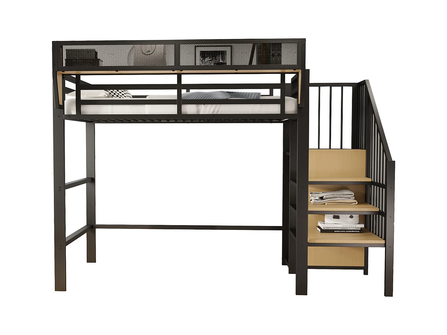 URBAN MEUBLE Lit mezzanine métal noir avec étagères, penderie et escalier 90*200