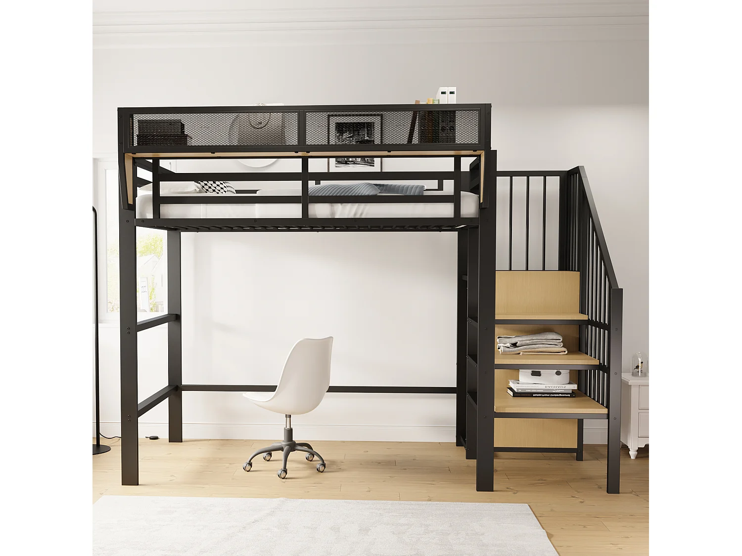 URBAN MEUBLE Lit mezzanine métal noir avec étagères, penderie et escalier 90*200