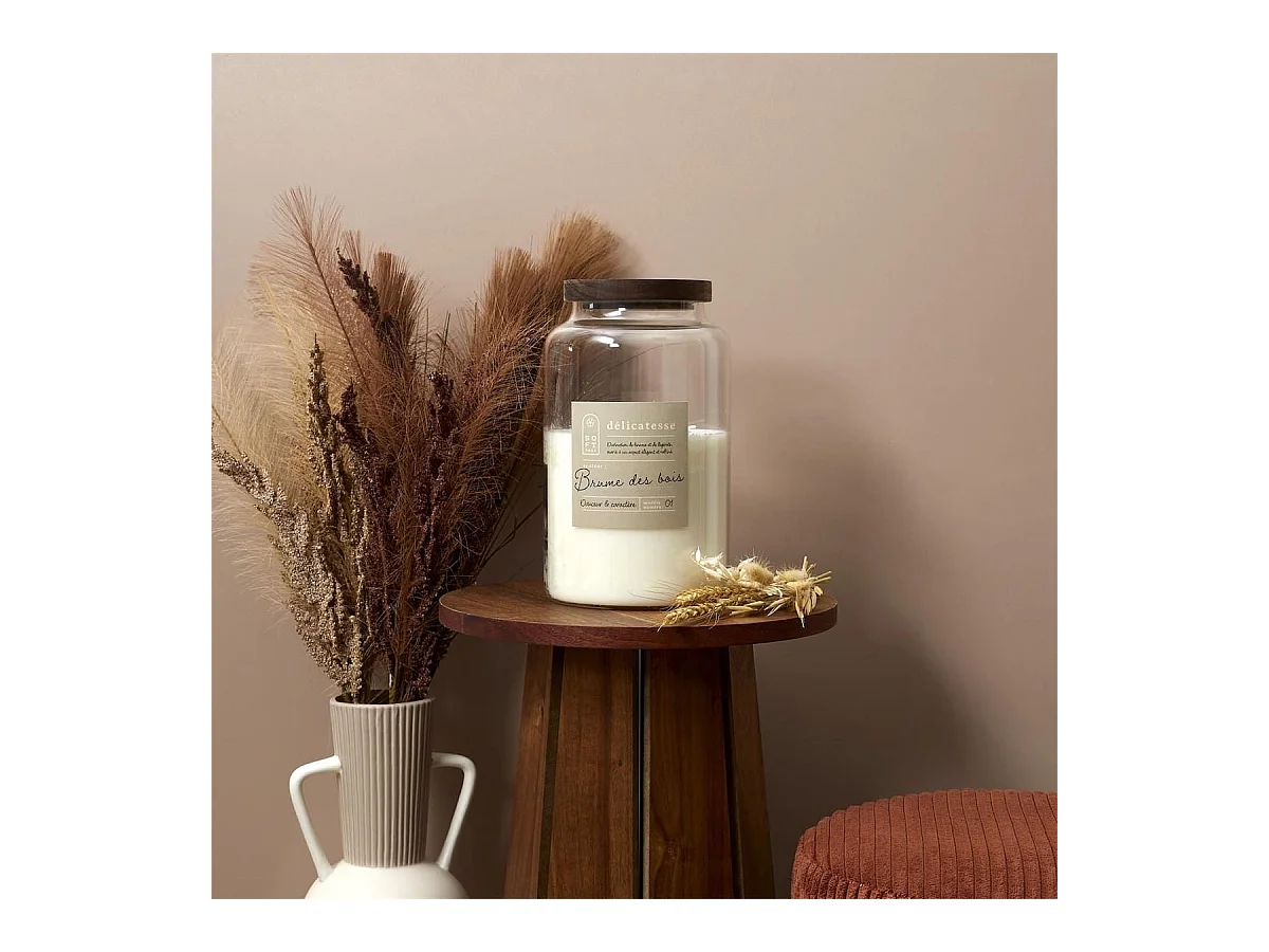 Bougie parfumée avec couvercle en acacia (H24 cm) senteur brume des bois