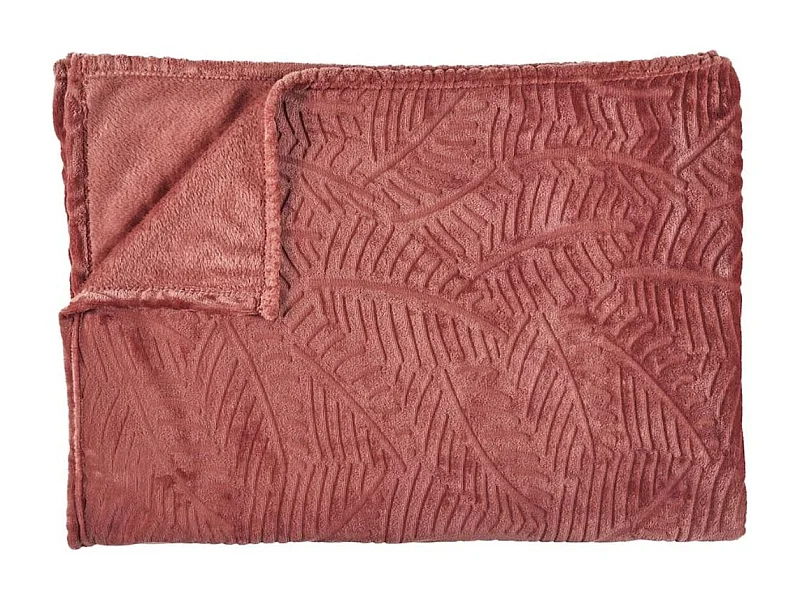 Plaid Flanelle 120x150cm Embossé Motif Feuilles Terracota