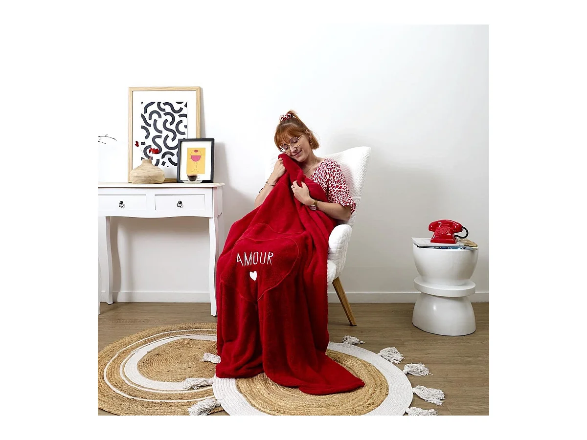 Plaid Coussin 2-en-1 "amour" en Sherpa Coloris rouge