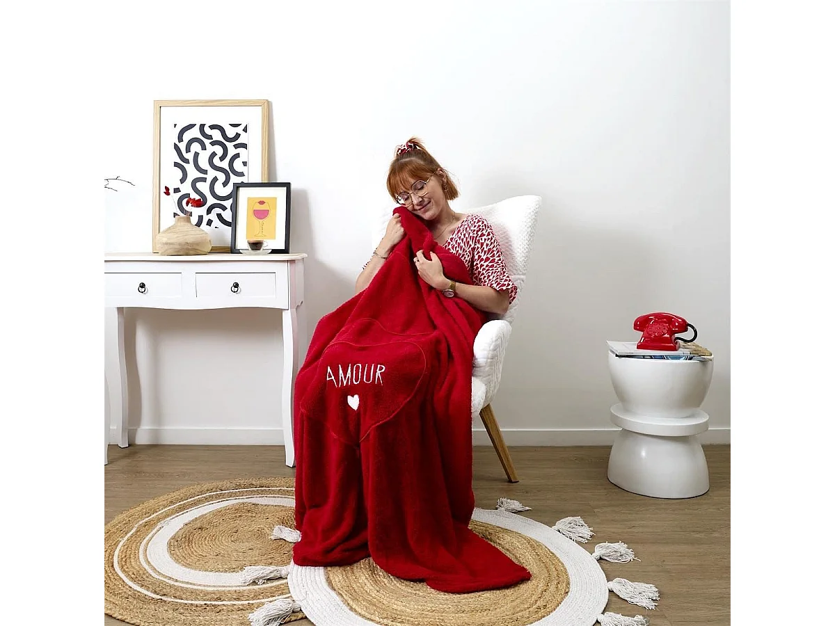 Plaid Coussin 2-en-1 "amour" en Sherpa Coloris rouge