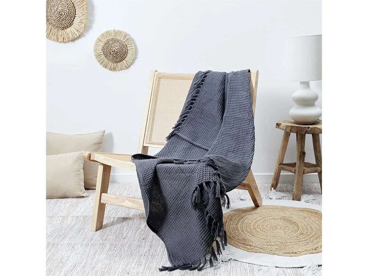 Plaid jeté de canapé 120x150cm style gaufré coloris gris anthracite