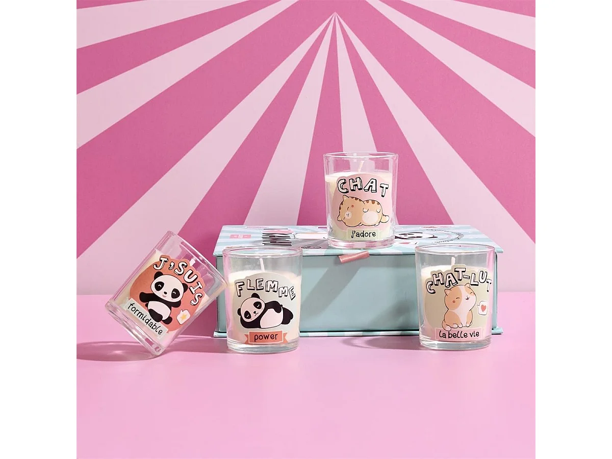 Coffret 4 bougies kawaii parfums guimauve et barbe à papa